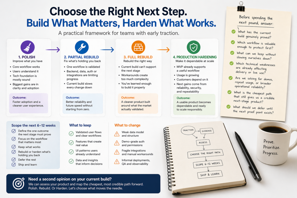 Product decision framework infographic showing how to choose between polishing, partial rebuild, full rebuild, or production hardening based on early traction, validated workflows, technical constraints, and scalability readiness.