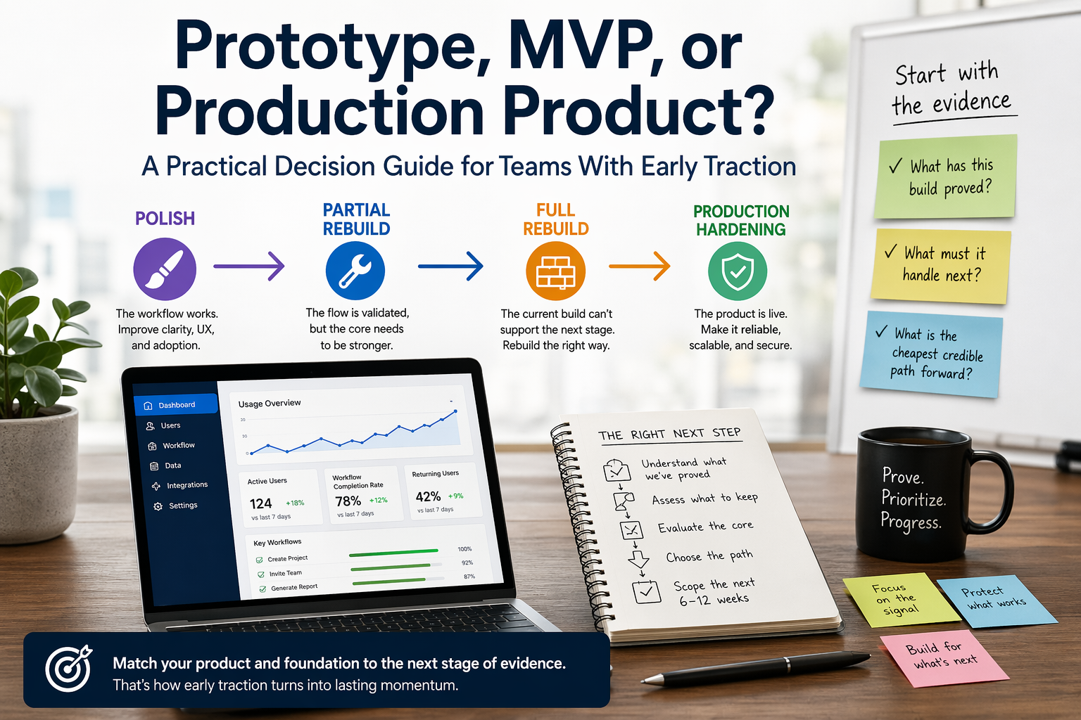 Prototype vs MVP vs production product decision guide infographic showing when to polish, partially rebuild, fully rebuild, or harden a product based on early traction, validated workflows, technical readiness, and scalability requirements for startups and product teams.